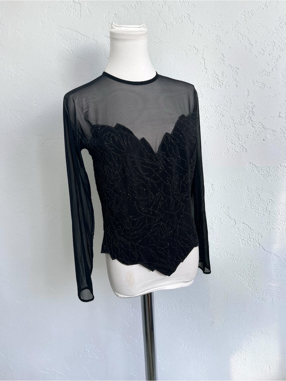 Vintage Black Beaded Mesh Illusion Top | Sheer Long Sleeve Party Blouse | Y2K 6